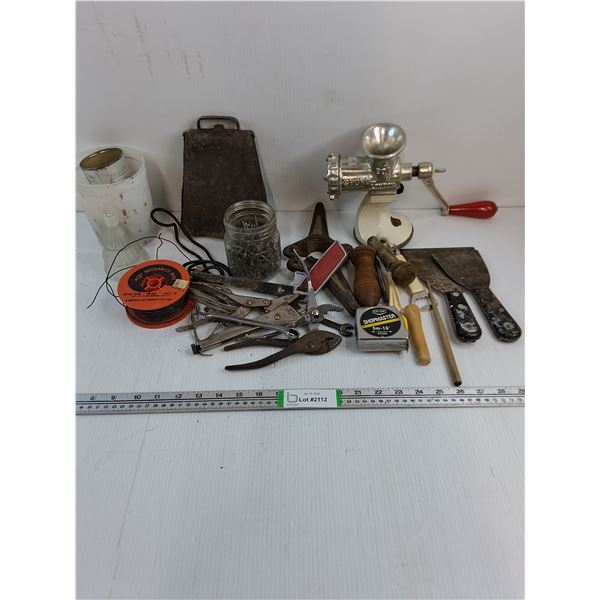 Lot of assorted Tools,Meat Grinder,Jar of Nails,Measuring Tape,Wood Handles and Misc.