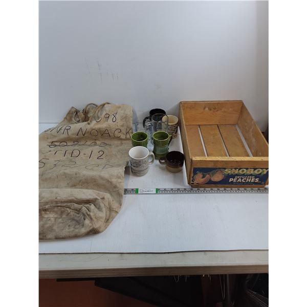 Vintage Wood Peach Box,Gunny Sack and Assorted Mugs - PICK UP