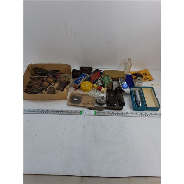 Lot of Assorted Misc.-Hinges,Tins,Bottles as pictured