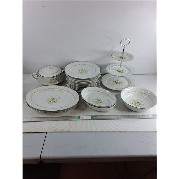 Noritake 19 Pieces of Dinnerware-12 Plates,Soup Tureen,(2) Platters,3 Tier Serving Tray and (3) Ser
