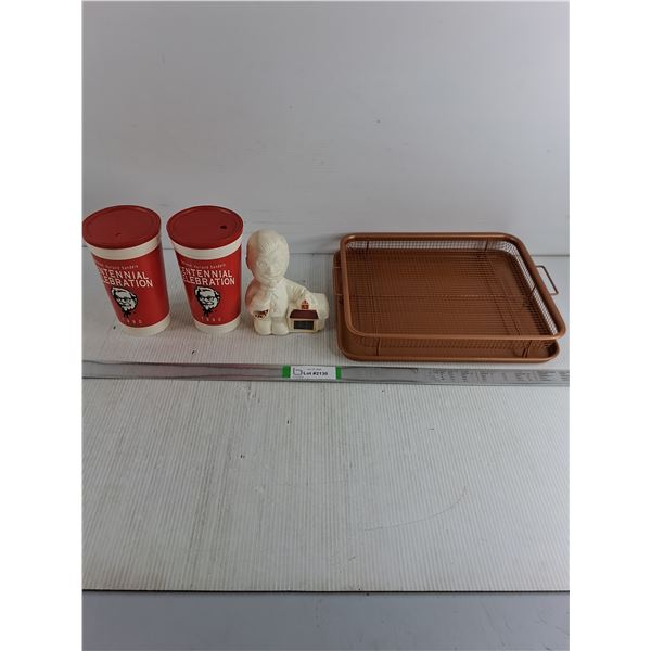 (2) Colonel Sanders Plastic Drinking Cups and Coin Bank, 2 Piece Copper Chef Crisper Set