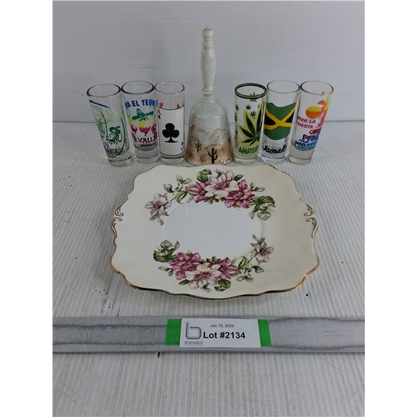 (6) Shooter Glasses,Ceramic Bell and China Saucer