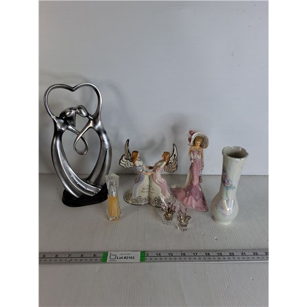 Various Women Stautes, Glass Vase, Miniature Vase With Metal And Plastic Flowers