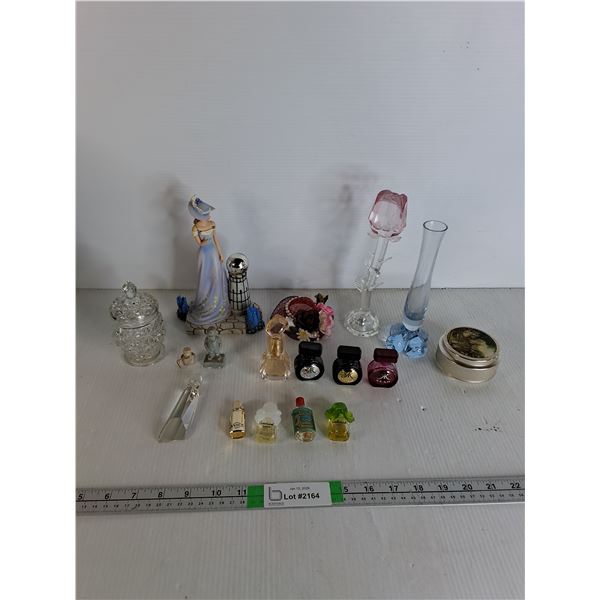 (8) Miniature Perfumes, Glass Flower, Women Statue