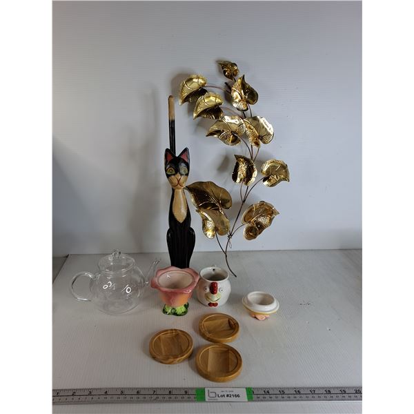 Wooden Cat Statue, Brass Leaf Decor, Glass Tea Pot