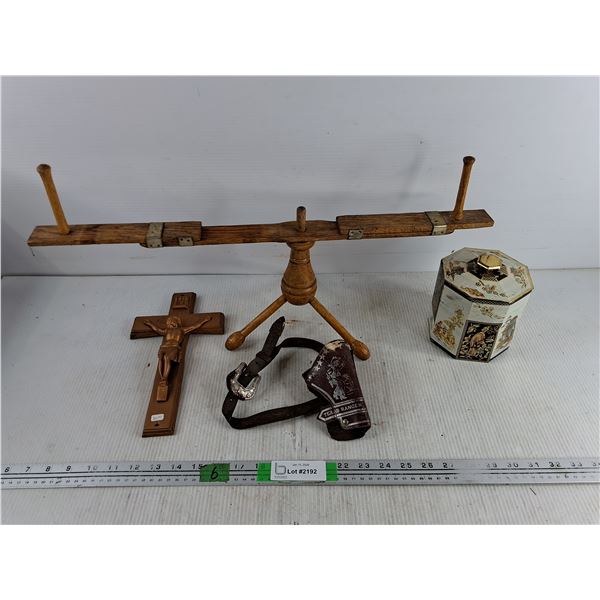 Wooden Yarn Winder/Swift, Crucifix Wall Cross, Cowboy Holster, Decorative Tin