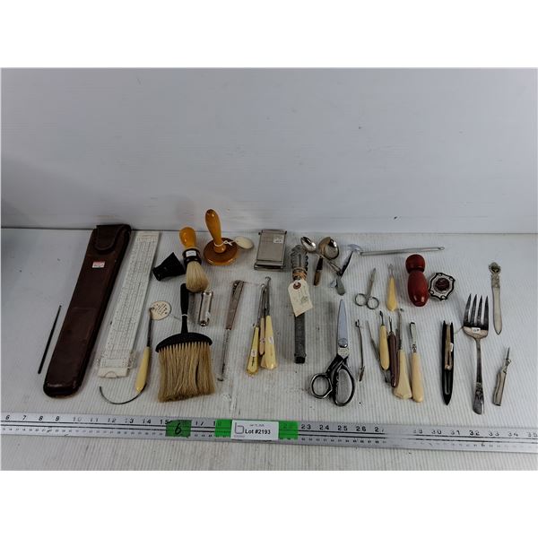 Barber, Sewing & Drafting Tools w/Slide Rule & Accessories