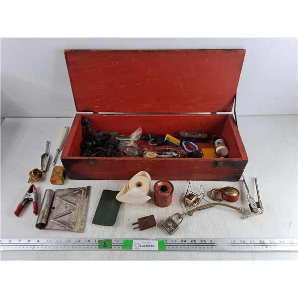 1930s Wooden Tool Box 21 1/2" x 8" x 4", Solder, Potato Peeler, Locks, Can Opener, Assorted Hardware