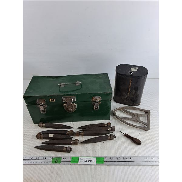 Vintage Metal Toolbox 7" x 6" x 14" with Assorted Metal Tools, Threaded Stakes & Accessories