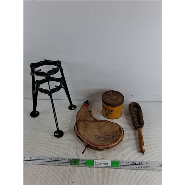 Leather Wine Flask, Vintage Vogue Tobacco Can, 1947 Clothes Brush, Metal Stand