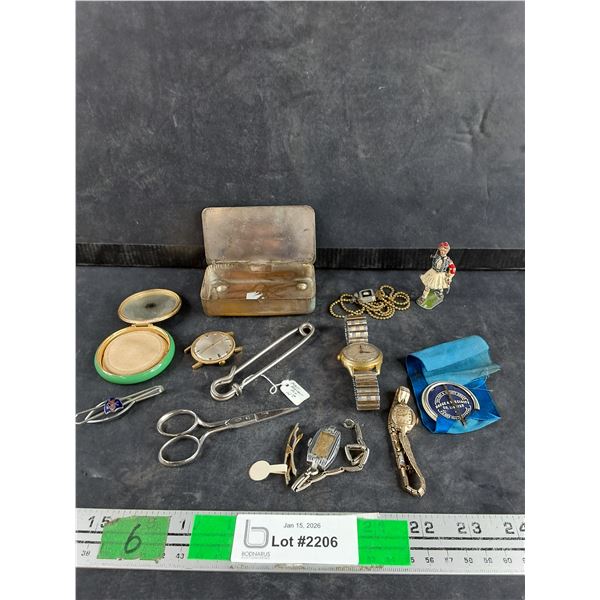 Vintage Watches - Eli, Timex & Bulova, Victorian Pin Box, Horse Blanket Pin, Assorted Collectibles