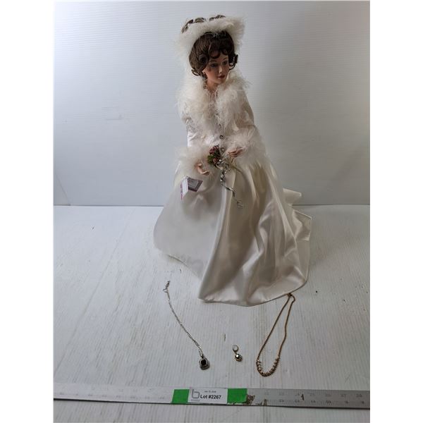 'Yours for Eternity' Porcelain Bride Doll with Stand 21.5" & Necklaces