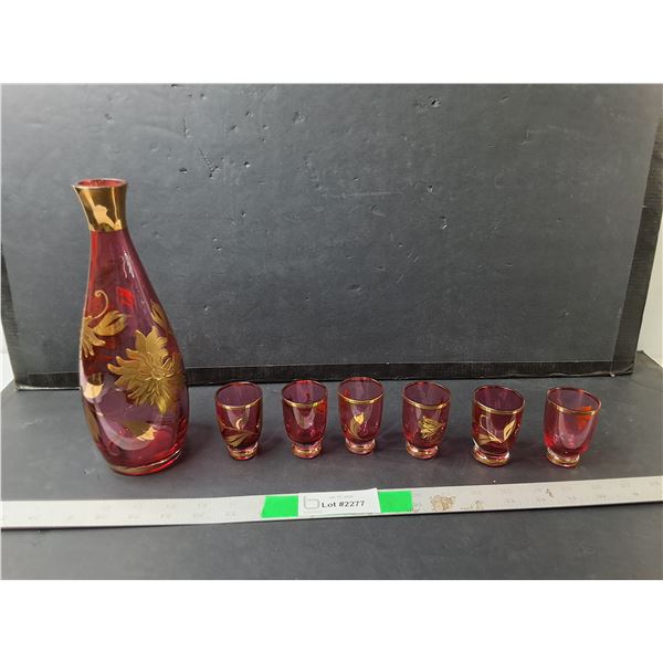 Pink Glass Decanter & (6) Shot Glasses