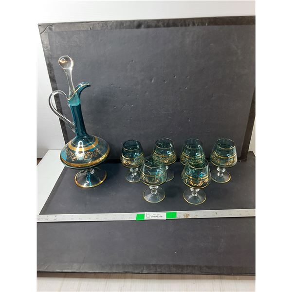 Blue Glass Decanter 17.5" & (6) Wine Glasses