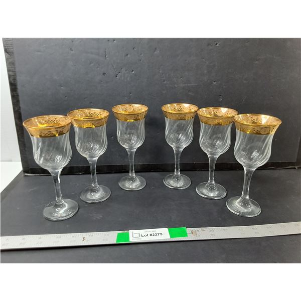 (6) Gold Style Rimmed Wine Glasses 7.25"