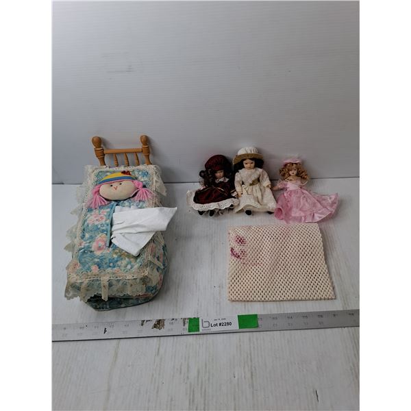 Doll Bed Kleenex Dispenser & (3) Porcelain Dolls- As Is