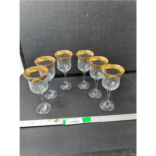 (6) Gold Style Rimmed Wine Glasses 7.5"