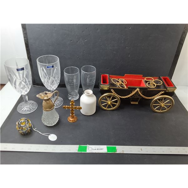 Crystal Wine Glasses, Musical Carriage Shot Glass Holder, Tree Ornament, Misc.