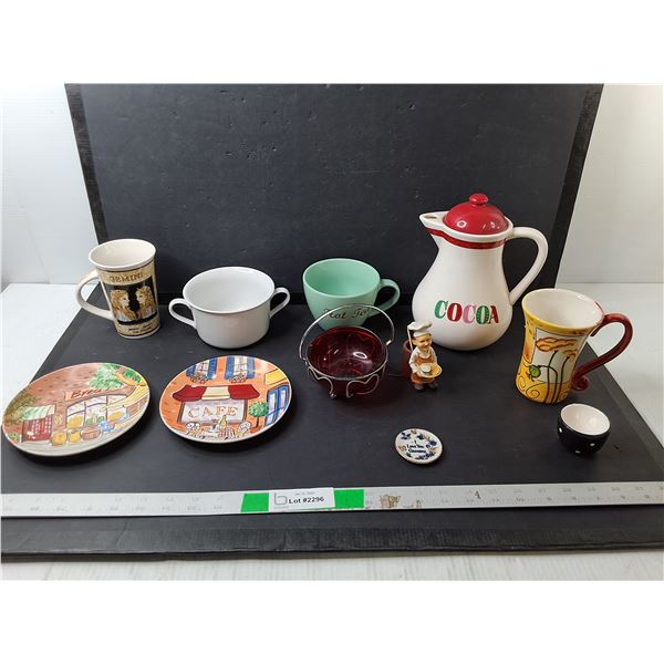 Ceramic Pitcher, Dessert Plates, Mugs, Misc.