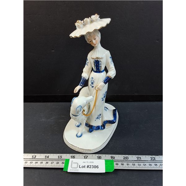 Blue & White Pattern Victorian Lady w/Dog - 10" Tall