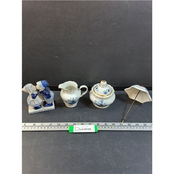 Blue Delft Sugar & Creamer Set, Dutch Figurine & Umbrella