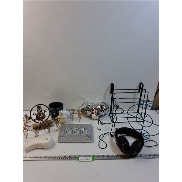 Lot: Christmas Decor, Headphones, Planter & Holders, Misc