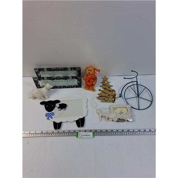 Lot: Candle Holder, Stocking Holder, Magentic White Sheep Board, Misc