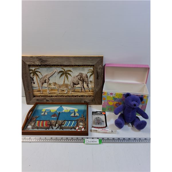 Lot: Purple "Beanie Baby Style" Bear, Beach Serving Tray, Lock w/Keys, Misc