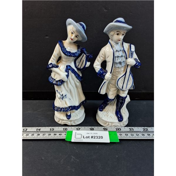 (2) Blue & White Couple Figurines - 7" Tall