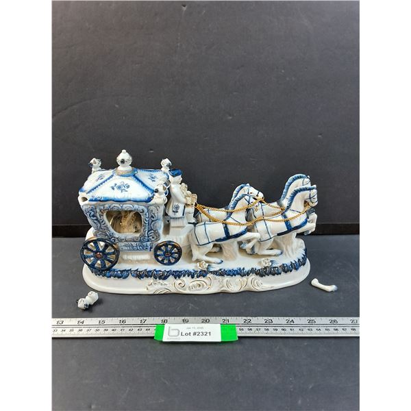 Blue & White Pattern Carriage Figurine - (Two Pieces need TLC) - 8" Tall x 12.5" Long