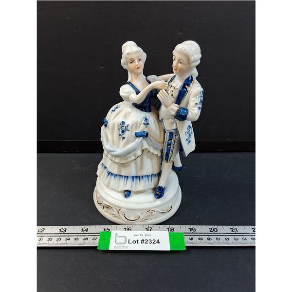 Blue & White Pattern Dancing Couple - 9" Tall - Music Box (Needs TLC)