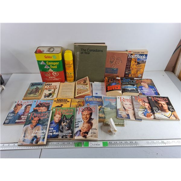Assorted Books - Readers Digest, Harold Coyle, TourBook, Goldex Camper Fuel Can, Lemon Polish