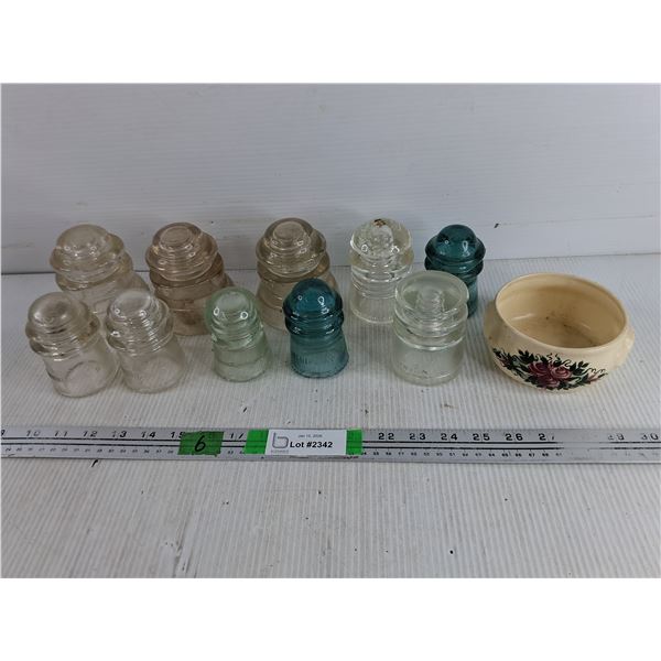 Jacquelyne's Handcrafted Earthen Ware Dish, Glass Insulators
