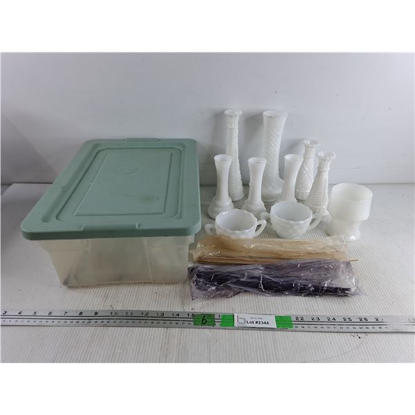 Milk Glass Vases, Sugar Bowls, Scented Sticks, Plastic Container w/Lid 16" x 11" x 6"