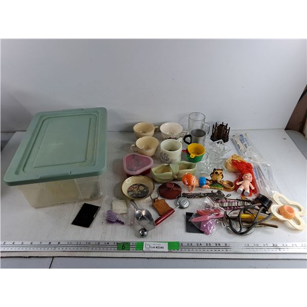 Assorted Mugs, Candle Holders, Measuring Spoons, Misc, Plastic Container w/Lid 16" x 11" x 6"