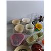 Image 8 : Assorted Mugs, Candle Holders, Measuring Spoons, Misc, Plastic Container w/Lid 16" x 11" x 6"