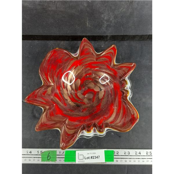 Vintage Murano Style Art Glass Starburst Bowl - Red & Gold Swirl