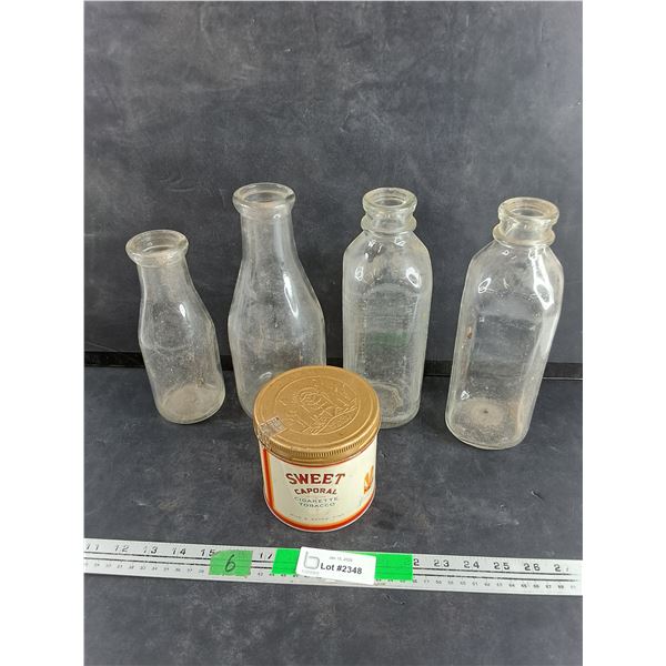 (4) Vintage Milk Glass Bottles, Sweet Caporal Tobacco Tin, Pickup Preferred