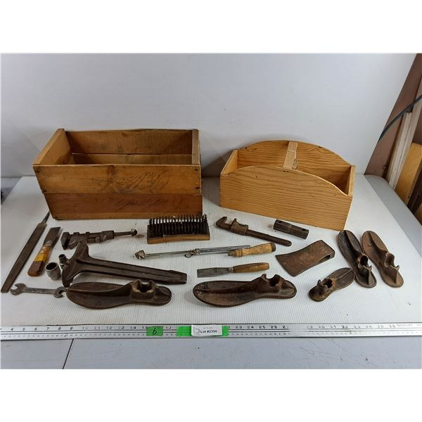 Junior Wooden Crate 17 1/2" x 9" x 8", Tire Pressure Gauge, Tool Caddy, Brush, Wrenches, Metal File