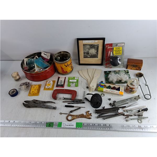 Assorted Hardware, Vise Grips, 3" C Clamp, Drill Bits, Lighter, Box Cutter, Indoor Lights Bulbs