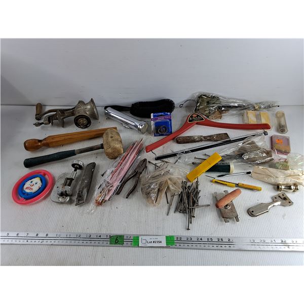 Mallet, Screwtop Bottle Opener, Box Cutter, Fleche Hanger, Assorted Hardware, Meat Grinder