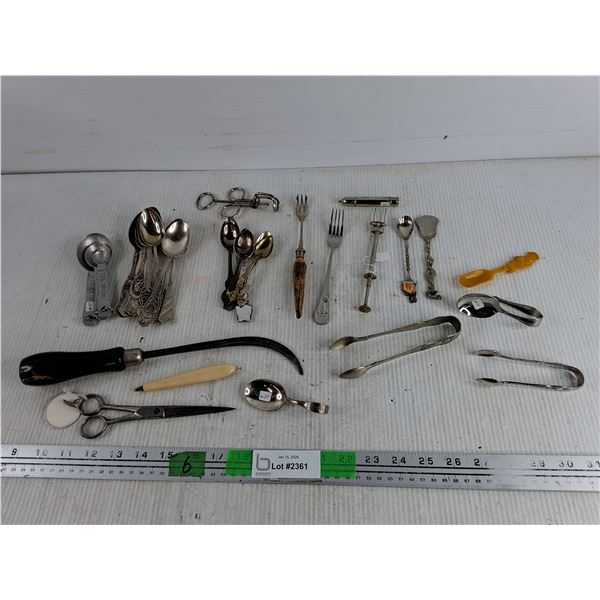 Measuring Spoons, Barber's Scissors, Cherry Pitter, Tongs, Dessert Spoons & Forks