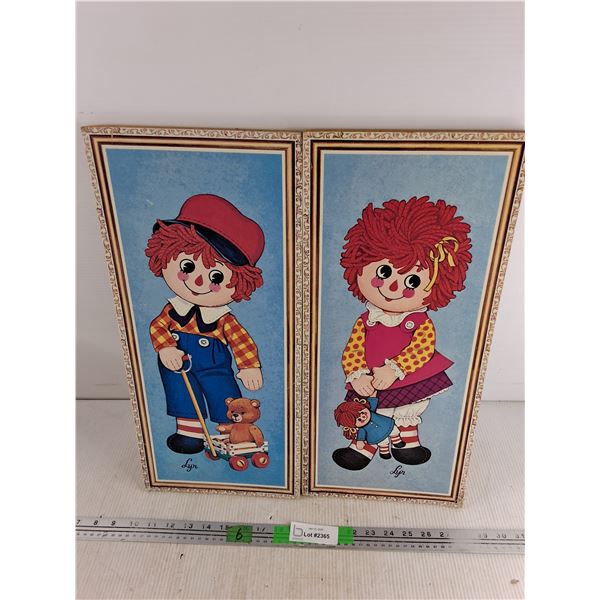 Vintage Raggedy Ann & Andy Style Wall Plaques - Signed Lyn 20" x 9"