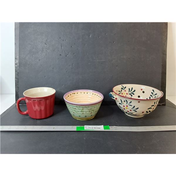 Ceramic Bowl, Strainer & Stoneware Mug
