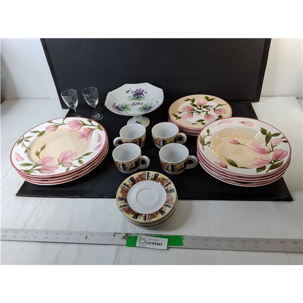 (2) Ceramic Dish Sets, Cake Display Stand, Wine Glasses - PICK UP
