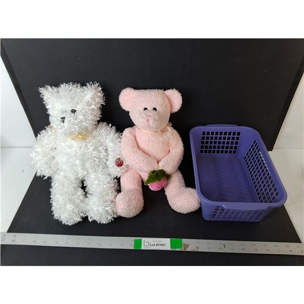 (2) Stuffed Bears & Plastic Basket
