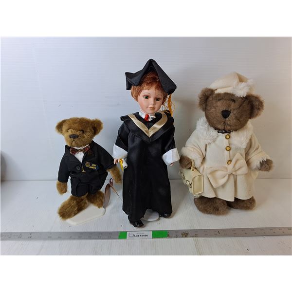 Porcelain Graduation Doll & Stuffed Bears with Stands