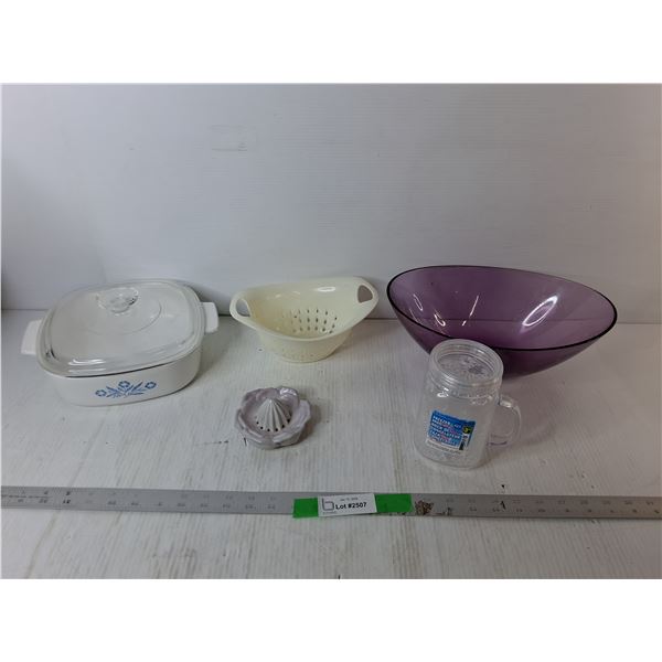Corning Ware Casserole Dish, Citrus Reamer, Freezer Mug, Misc.