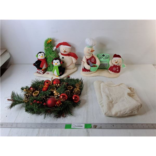 Christmas Lot-  Stuffies- One Working, Candleholder, Teatowel