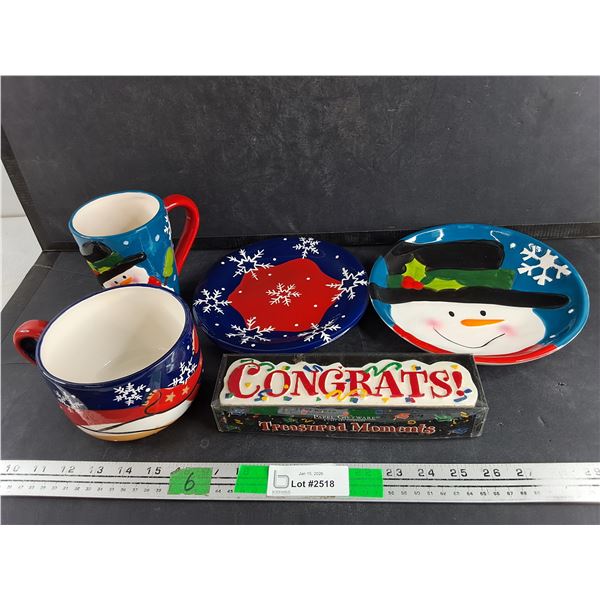(2) Ceramic Christmas Dining Plates, Mugs, Congrats Candle